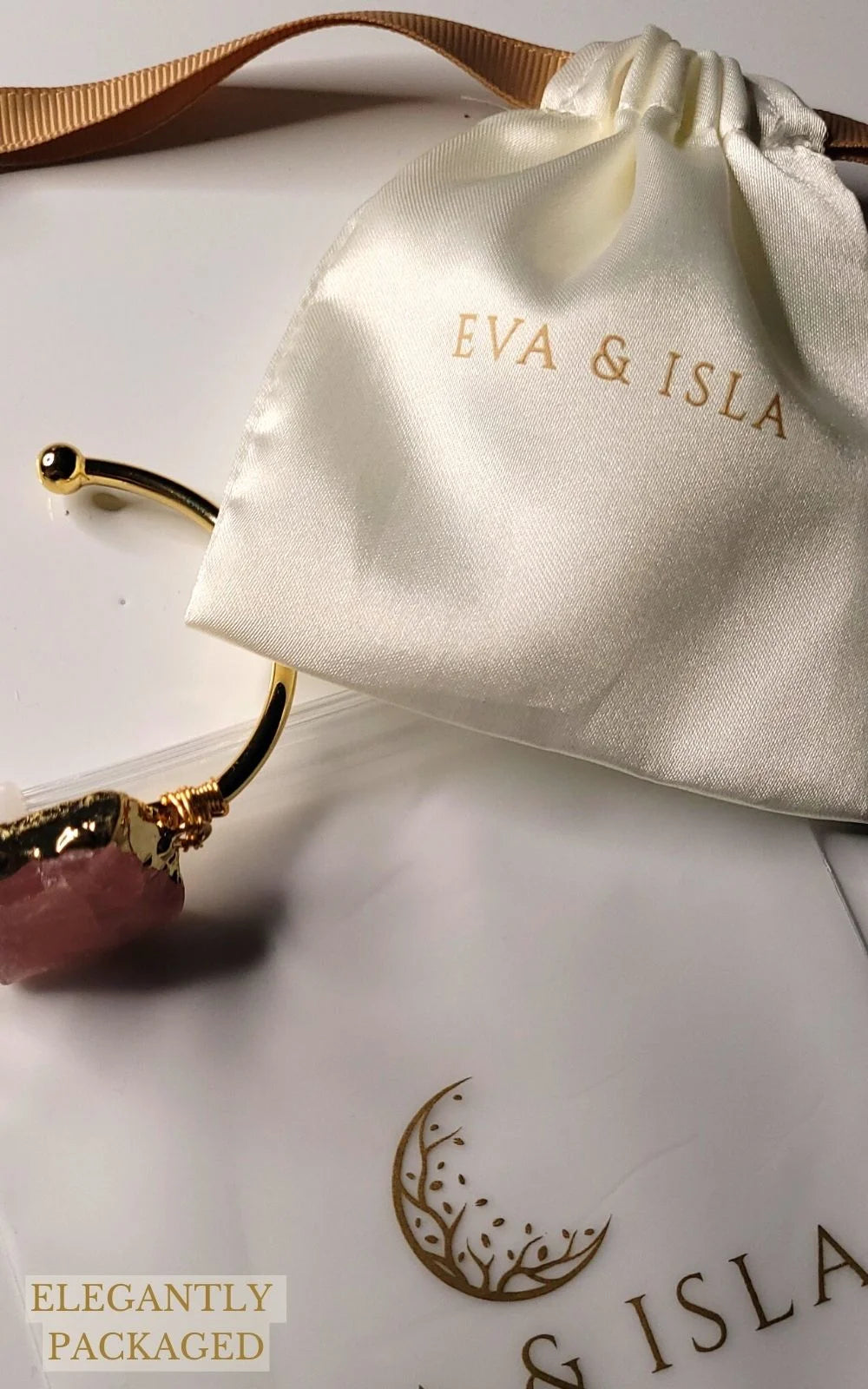 Eva & Isla Womens 18k Gold Plated Madagascar Rose Quartz Cuff Bracelet Bangle