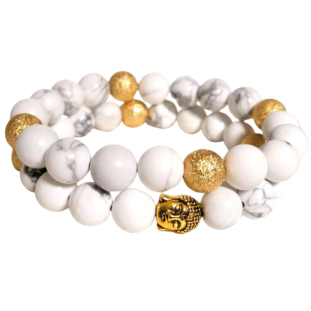 Eva & Isla Womens Howlite Bead Buddha Charm Bracelet 2 Piece